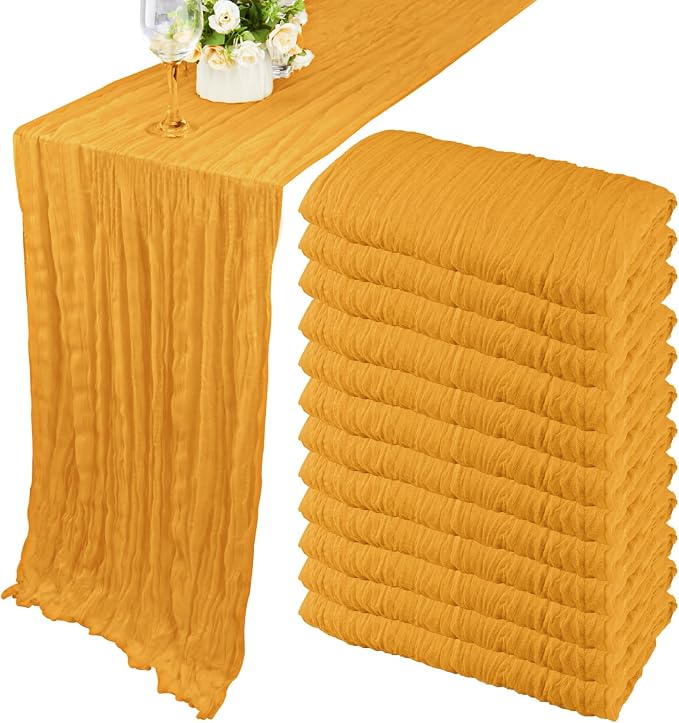 Fivenl Boho Gauze Table Runner - 35x72 Inch, Rustic Cheese Cloth, Long Table Runner for Wedding, Bridal Shower, Birthday Party Decor (Mustard)