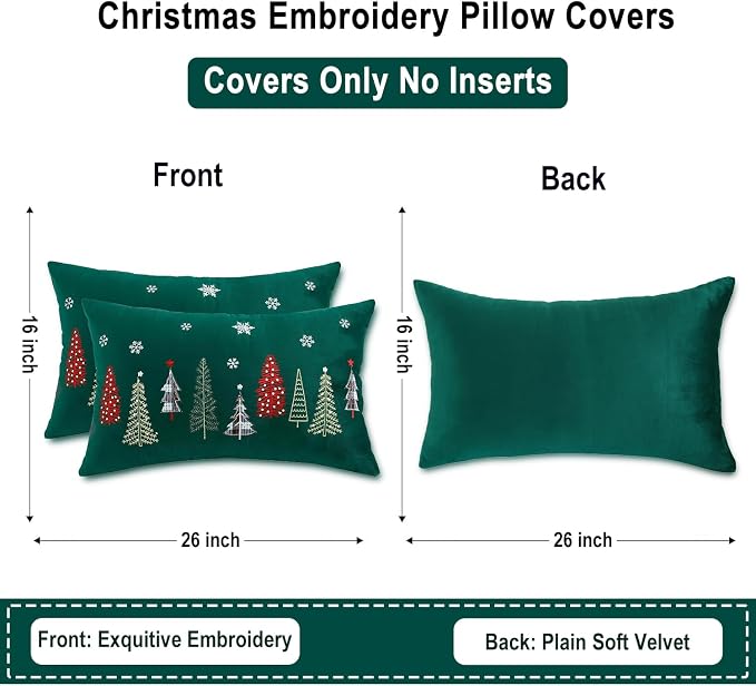 Christmas Embroidery Throw Pillow Covers 16 x 26 inch Set of 2 Christmas Dec Velvet Pillowcases Forest Green Xmas Tree Cushion Pillow Cases Soft Lumbar Holiday Pillowcase