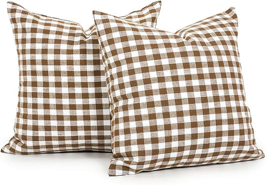 CARRIE HOME Farmhouse Brown Decorative 24x24 Throw Pillow Covers Set of 2, Brown and White Gingham Throw Pillow Covers 24 x 24, Outdoor Khaki Buffalo Plaid Checkered Pillows (No Pillow Inserts)