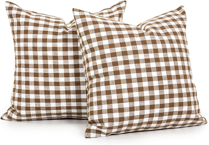 Brown Gingham Plaid Throw Pillow Covers 16x16 Inch Set of 2