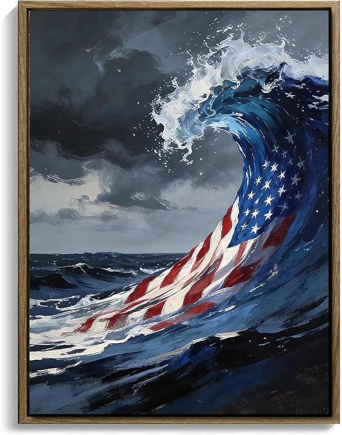 American Flag Framed Canvas Wall Art, 4th of July Patriotic Canvas Prints | USA Flag Ocean Waves Abstract Poster Print, Independence Day Wall Decor for Bedroom Living Room Office 20×24in