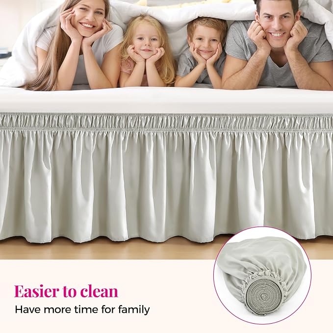Light Grey Bed Skirt Queen Size 18" Drop, Elastic Wrap Around Bedskirt | Solid Ruffled, Easy to Use, No Mattress Lifting, Wrinkle & Fade Resistant, with Adhesive Strips, Machine Wash/Dry/Iron