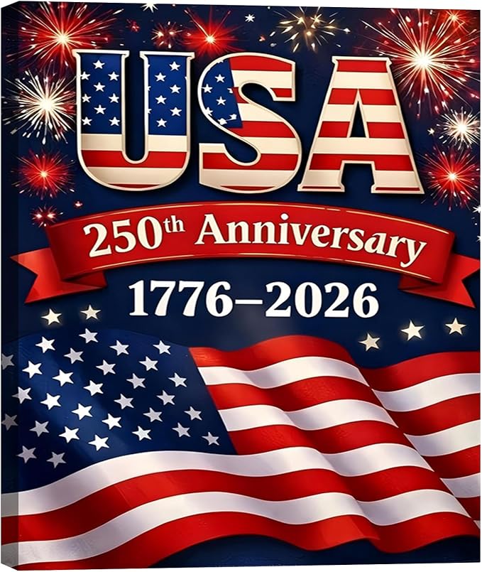 USA 250th Anniversary 1776-2026 Canvas Wall Decor, Patriotic Fireworks American Flag Wall Art, Independence Day Framed Canvas Prints for Home & Holiday Decoration, Made in USA