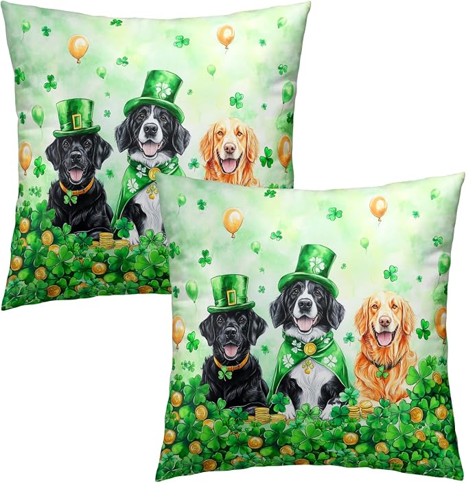 St. Patrick's Day Pillow Covers 2 Pack 16x16 inch Leprechaun Hat Dog Cotton Pillowcase Shamrock and Gold Coin Happy Holiday Throw Pillow Cases Irish Green Decorative Cushion Covers for Sofa Couch