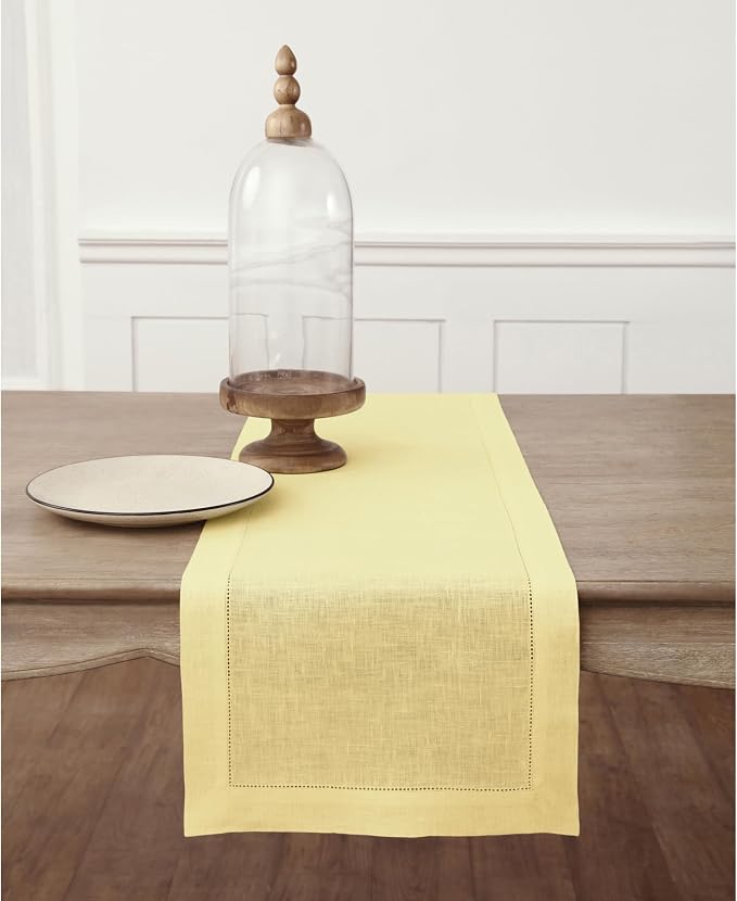 Solino Home 100% Linen Table Runner Yellow, Classic Hemstitch 14 x 72 in | a graceful centrepiece for dining and gatherings, hemstitched border, mitered corners, machine washable, OEKO-TEX Certified