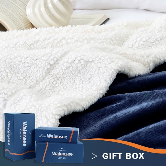 Walensee Sherpa Fleece Blanket (Queen Size 90”x90” Navy) Plush Throw Fuzzy Super Soft Reversible Microfiber Flannel Blankets for Couch, Bed, Sofa Ultra Luxurious Warm and Cozy for All Seasons