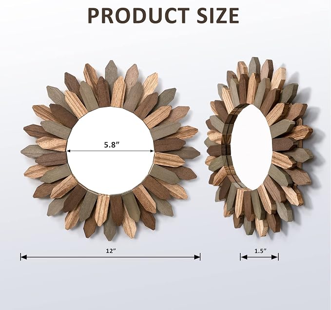 Boho Wall Decor Mirror 2 Pack 12 inch Rustic Wood Decorative Mirror for Room Decor Rustic Farmhouse Wall Decor for Bedroom Bathroom Living Room Entryway Tril Color