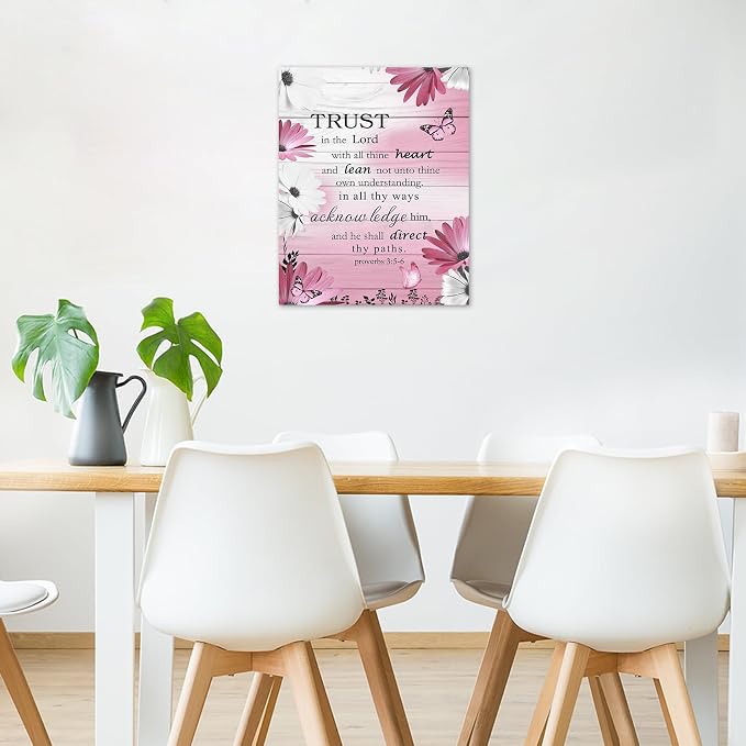 LB Pink Floral Bible Verse Wall Art for Bathroom Daisy and Butterfly Canvas Wall Art Wall Paintings Home Decor Rustic Vintage Wall Pictures for Living Room Bedroom Office Ready To Hang,12x12 Inch