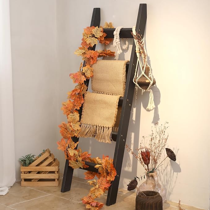 FUIN Blanket Ladder, 5ft Angled rungs Rustic Solid Wood Decor Rack, Black | 5 rungs, farmhouse quilt display holder, organize towel, leaning wall, bathroom and living room use, knocked down side rail