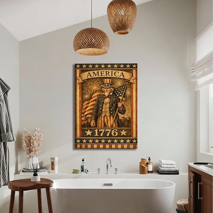 Made in USA Vintage Patriotic Uncle Sam 1776 Wall Art, American Flag Canvas Prints, 4th of July Independence Day Decor for Living Room, Bedroom, Kitchen & Holiday, Framed