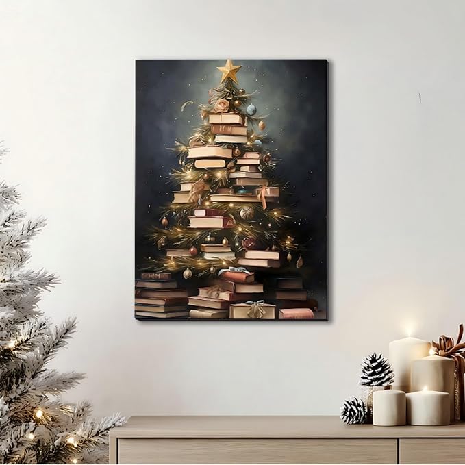 Creative Christmas Book Tree Pictures 12x18, Modern Framed Canvas Wall Art for Living Room Wall Decor, Winter Cottagecore Paintings for Bedroom Bathroom, Xmas Holiday Decorations Gifts
