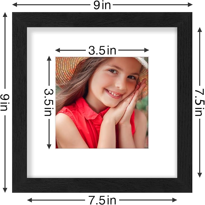 Vittanly 8x8 Picture Frames Set of 9 for Wall or Tabletop Display, Black | Display Pictures 4x4 with Mat or 8x8 without Mat for Wall Mounting, Square Photo Frames for Home Decor, Engineered Wood