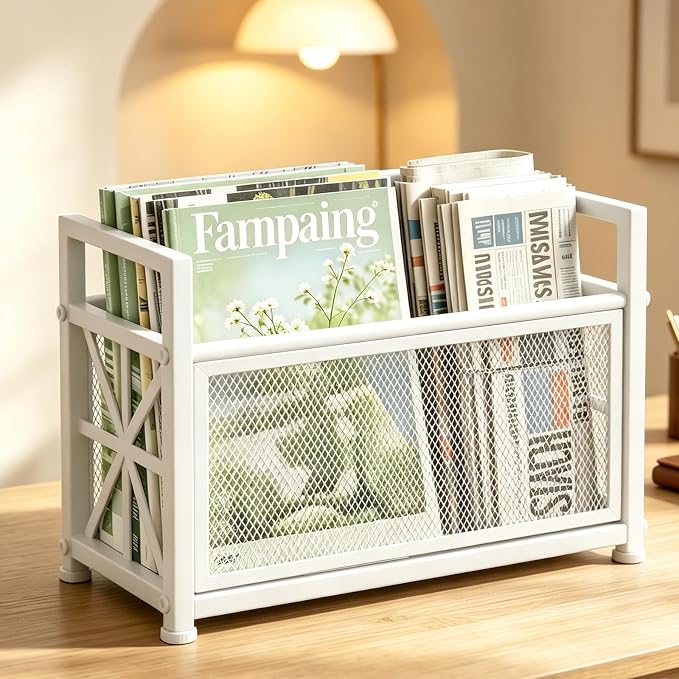 Large Magazine Rack Floor Stand, Metal White Magazine Holder Floor,14" Mesh Magazine File Holder Storage Basket Shelf Box Bin Folder Organizer for Magazines, Books, Newspapers, Tablets