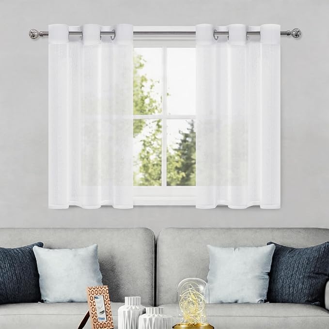 DWCN White Sheer Curtains, Grommet Top Faux Linen Look Voile Semi Transparent Solid Window Sheer Curtains Drapes for Bedroom Living Room, Set of 2 Panels 42 x 36 Inch Long, White