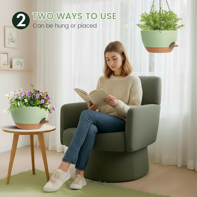3 Pack 10 Hanging Flower Pots with Chains Self Watering Plastic Planters for Indoor Outdoor Plants, Sturdy Triangular Iron Chain Design for Garden PorchPlastic hanging flower pots (3, Green Brown)