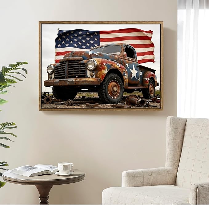 American Flag Framed Canvas Wall Art, 4th of July Patriotic Canvas Prints | USA Flag with Truck Poster Print, Vintage Independence Day Wall Decor for Bedroom Living Room Dining Room Office 24×32in