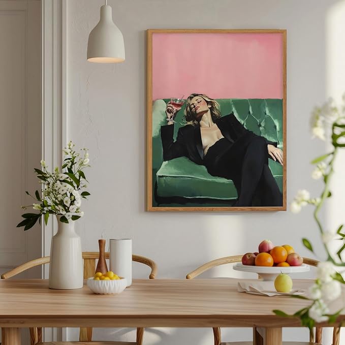 KAQNMY Retro Bar Wall Art Eclectic Cocktail Poster 16x24 Inch Unframed | Vintage Woman Wall Art Funky Victorian Woman on Couch with Martini Picture Trendy Bar Cart Decor for Kitchen Dining Room