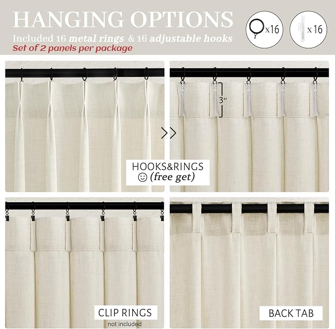 Cream Memory Shape Pleated 95 Inch Curtains 2 Panels Set for Dining Room, Natural Linen Textured Semi Sheer Heavy Drapes Light Filtering Privacy 94-96 Inches Long Windows Curtain with Hooks & Rings