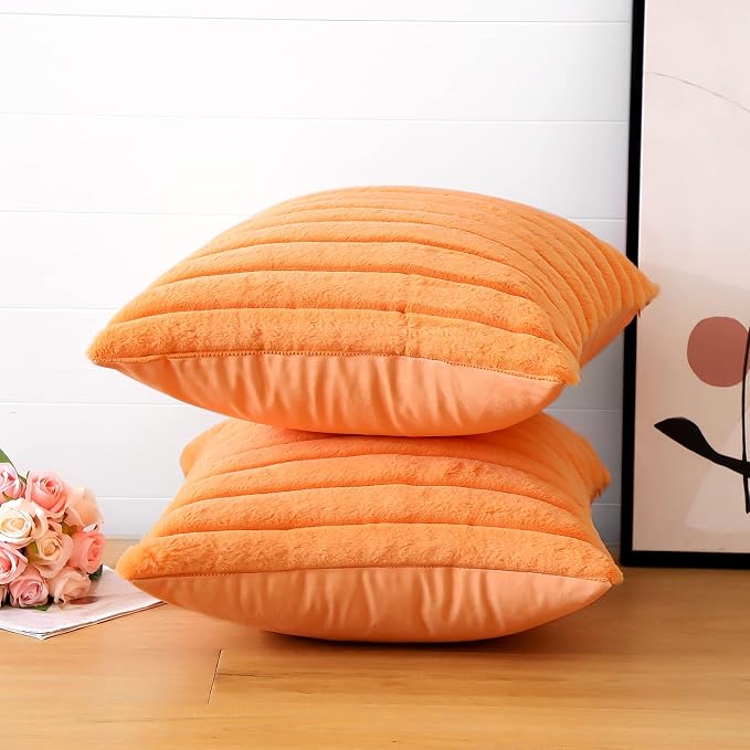 Soleebee Set of 2 Throw Pillow Covers Soft Cozy Velvet Pillowcase Faux Rabbit Fur Cover for Couch Sofa Bed Chair Home Decorative Pillows Cover (22x22 Inch, Orange)