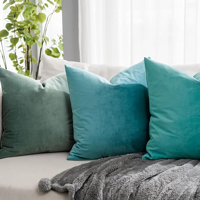 Turquoise Soft Velvet Throw Pillow Covers 28x28 inch Set of 2 for Sofa Couch Bed Living Room Decorative Luxury Solid Square Cushion Covers Case with Zipper