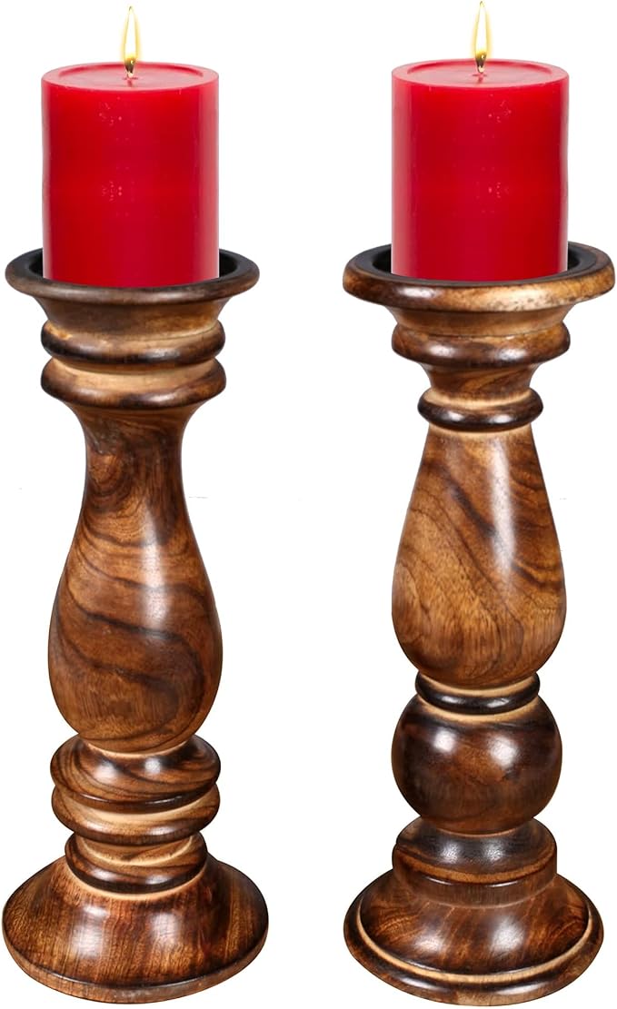 Farmhouse Wooden Tall Pillar Candle Holders - Set of 2, 12x4.5 inch Burnt