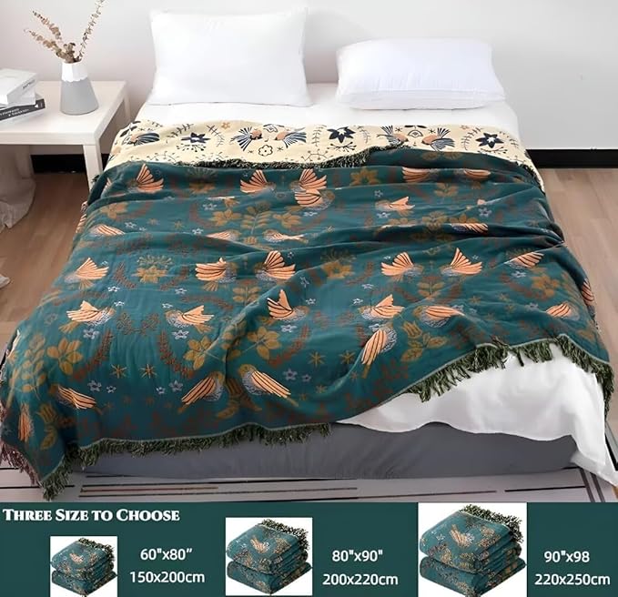 Boho Throw Blanket for Bed 100% Cotton Bohemian Blankets Ultra Soft Woven Muslin Decorative Blankets All Seasons Vintage Quilt Knitted Blanket for Sofa Chair(Blue, 50"x60")
