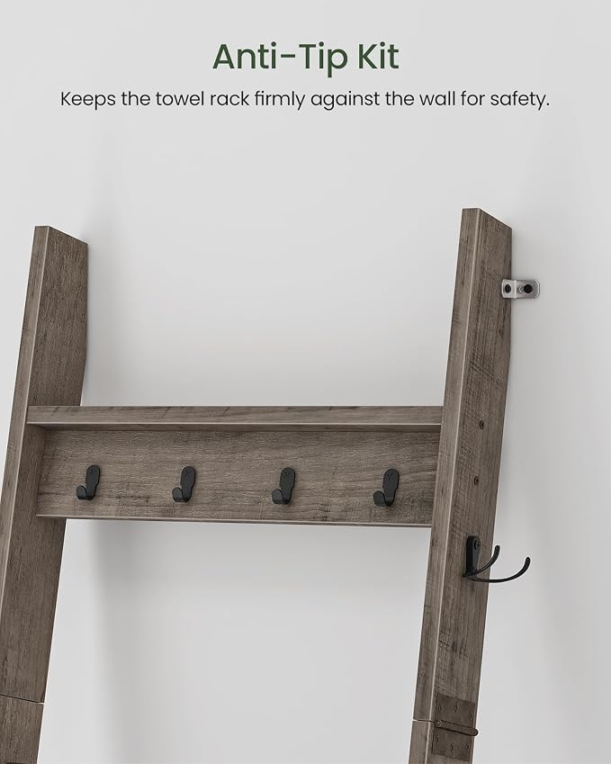 CHOEZON 5-Tier Blanket Ladder, Wooden Blanket Display Rack, Towel Ladder with Hooks, Wall Leaning Display Shelf, for Living Room, Bedroom, Balcony, Greige and Black MCJ02BG