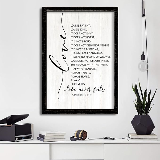 Love is Patient Love is Kind Framed Wall Art, 11''×16'' Narrow Holy Religious Christian Saying Sign for God Jesus Christ Prayer, Vintage Positive Inspirational Catholic Scripture Wall Decor