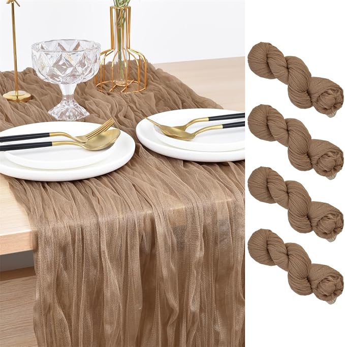 Coffee Cheesecloth Table Runner Cheese Cloth Wedding Birthday Party Decor | 10Ft Summer Rustic Boho Gauze Farmhouse Bridal Baby Shower Holiday Dining Tea Party Home Table Decorations 4 Pack