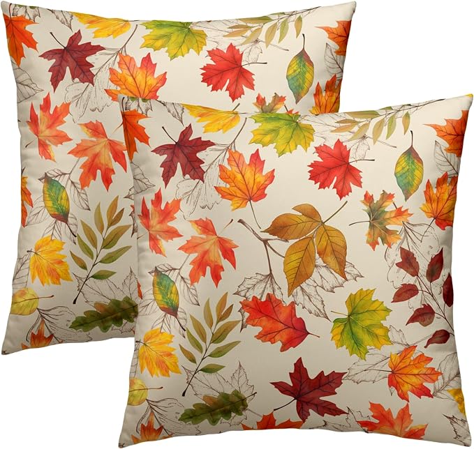 Autumn Leaves Throw Pillow Covers 18x18 inch Set of 2 Fall Maple Leaf Wild Plant Pillow Cases Thanksgiving Seasonal Farmhouse Outdoor Decor Cushion Cover for Home Porch Sofa