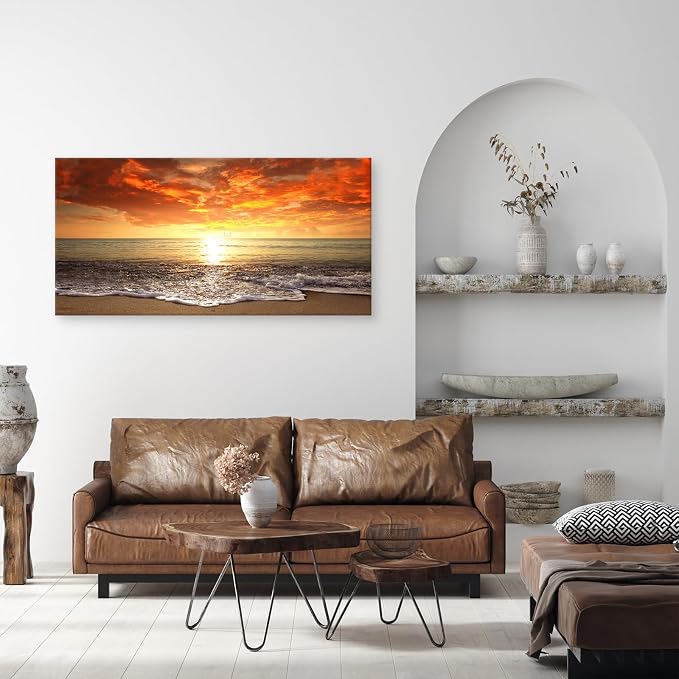 Baisuart-S0198 Canvas Prints Wall Art Sunset Ocean Beach Pictures Photo Paintings for Living Room Bedroom Home Decorations Modern Stretched and Framed Seascape Waves Landscape Giclee Artwork