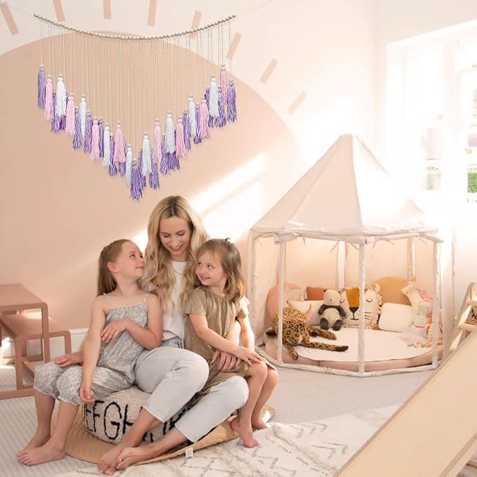 Luxbrand Pink & Purple Macrame Hanging Boho Wall décor, Large Tassel Wall Hanging with Wood Beads, Purple Wall Decor for Bedroom Living Room Girls Room Nursery, 41" W x 32" H