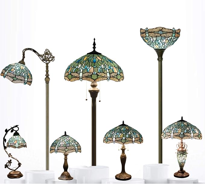 WERFACTORY Tiffany Lamp Sea Blue Stained Glass Dragonfly Style Table Light