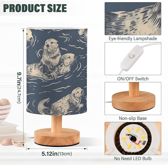 Bedside Table Lamp Sea Otter Animal Blue Nightstand Lamp with Wood Desk Lamps for Bedroom Living Room Nursery Office Home Decor