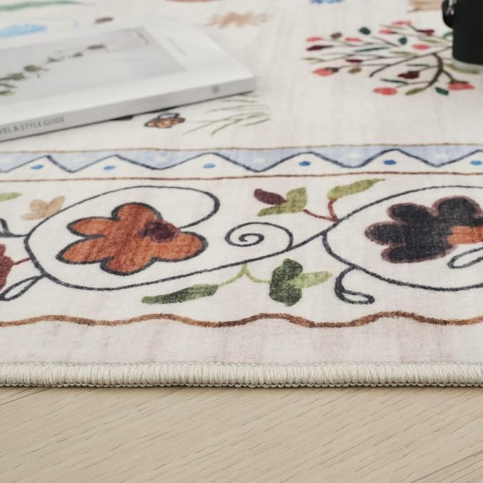Rugcomf 2'7"x14' Long Hallway Runner Rug - Floral Cat Washable Non Slip Boho Carpet for Kitchen, Entryway, Hall, Bathroom - Beige