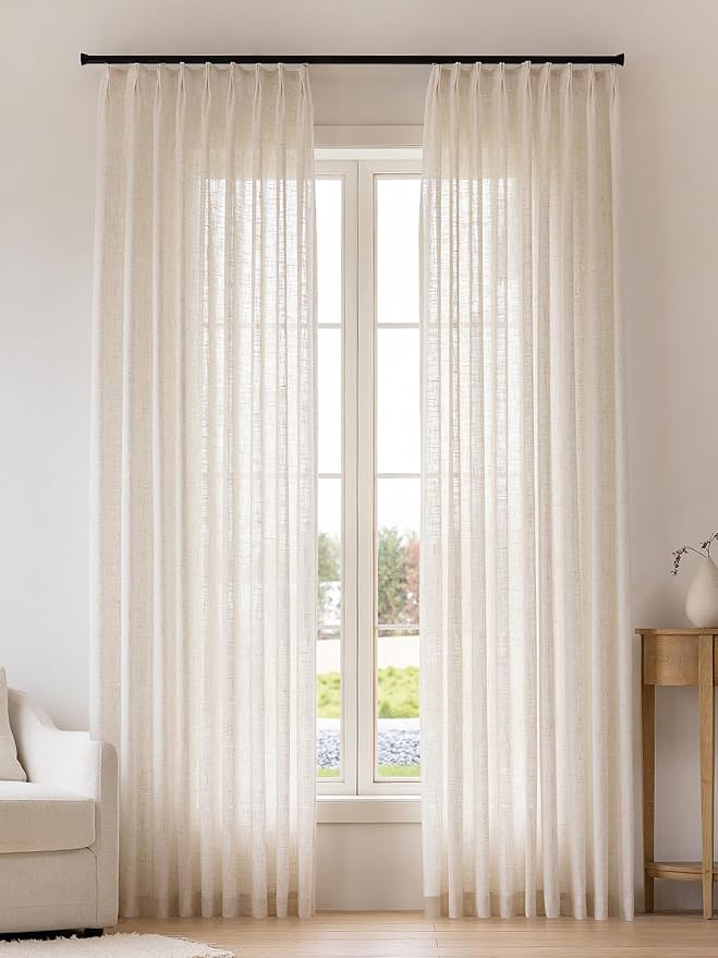 Liz Pinch Pleated Linen Curtains 72 Inches Long - Light Filtering Curtains for Living Room, Semi Sheer Window Curtains for Bedroom, Luxury Pinch Pleated Drapes with Hooks, Natural, 2 Panels Set