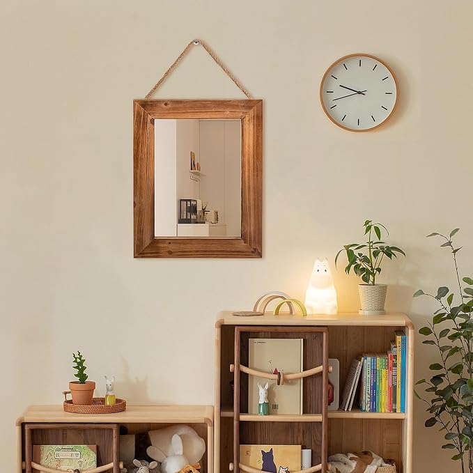 OKSQW Farmhouse Wall Mirror Brown Rectangle Rustic Wood Mirror 16 X 12 Inch Decorative Wood Frame with Mirror and Hanging Hemp Rope, Hanging Mirror for Bathroom Bedroom, Entryway, Dresser Wall Mirror