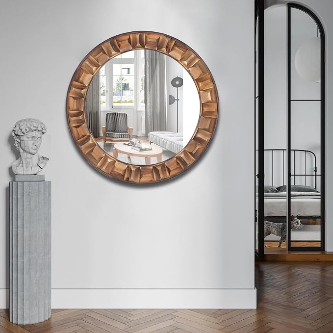 30 Inch Dark Solid Wood Round Wall Mirror | Brown Wooden Decorative Circle Mirror for Bathroom, Bedroom, Living Room, Entryway, Hallway, or Foyer