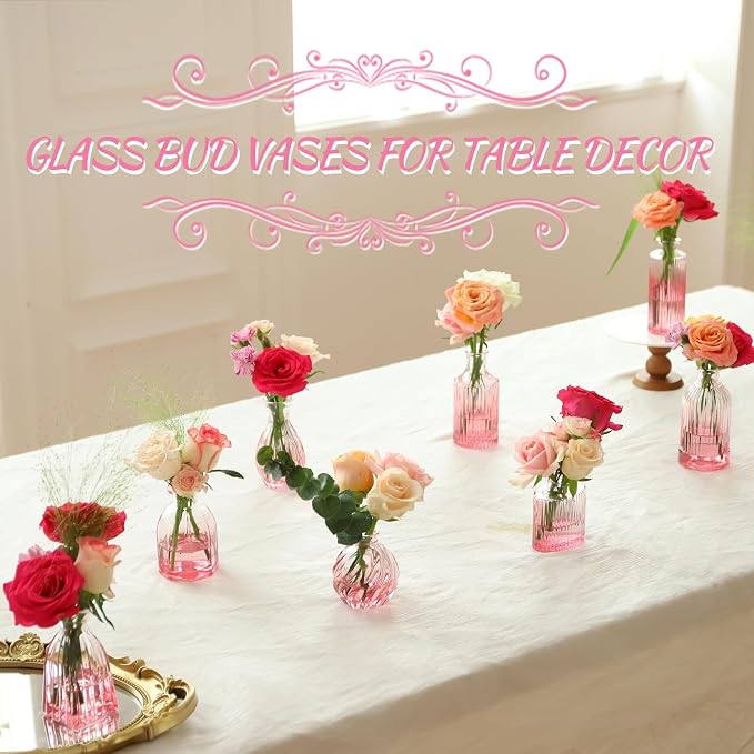Pink Vase, Glass Bud Vases Set of 12, Small Pink Glass Vases for Flowers Colored Ribbed Flower Vase for Decor Bud Vase in Bulk Vintage Decor Bridal Shower Wedding Centerpieces Home Table Decoration