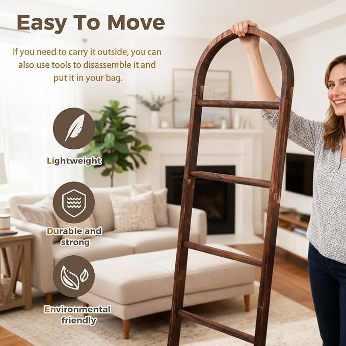 Sintuff Arched Wooden Blanket Ladder 5.5ft Leaning Rack, Brown | 5-tier Natural Wood, Farmhouse Decor Shelf for Bedroom Bathroom, Leaning Design for Throw Blankets and Towels Holder Storage