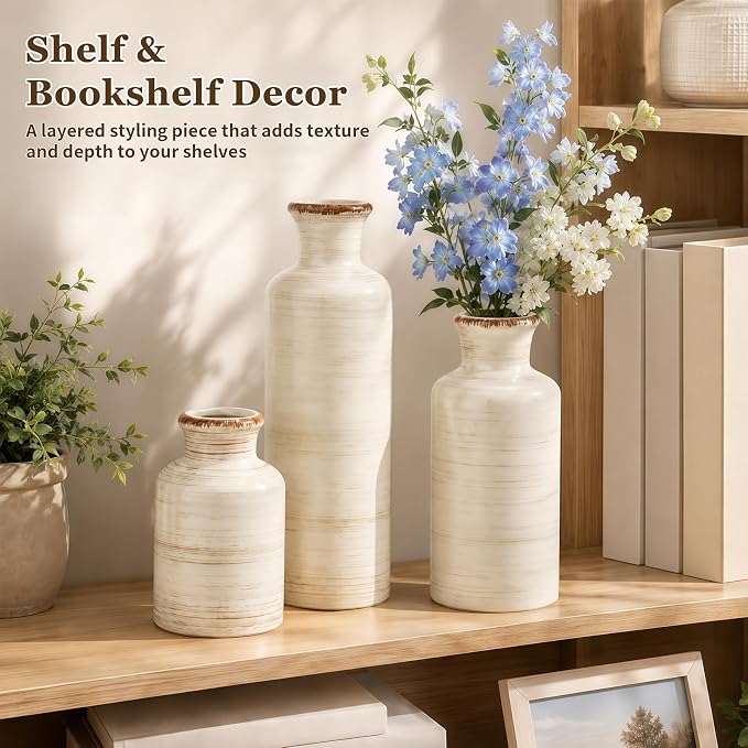 Ceramic Vases Set of 3, White Modern Rustic Home Decor Flower Vases | Farmhouse Ceramic Vases for Farmhouse, Horizontal Stripes Nordic Vases for Home Décor, Table Decor, Entryway, Shelf, Mantel