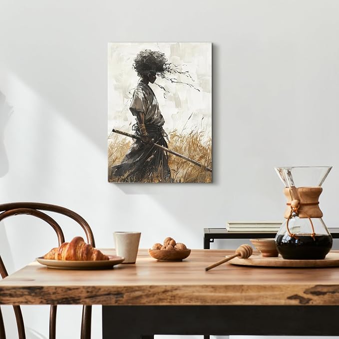 16"x20" African Samurai Canvas – Enigmatic Abstract Warrior Wall Art | Mystic African warrior dons kabuto beneath swirling abstracts. Afrofuturism meets bushido. Hook included, ready to hang.