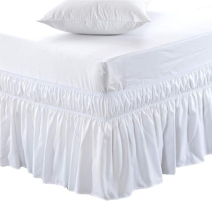 MEILA Wrap Around Elastic Bed Skirt for Queen & King Beds, 14" Drop,White | Three-Side Adjustable Elastic Dust Ruffle, Ruffled Polyester Fabric, Easy to Install, Fade Resistant & Machine Washable