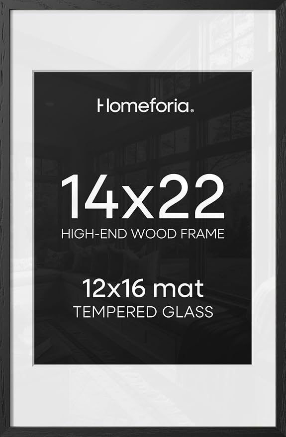 Homeforia 14x22 Black Oak Picture Frame, High-End Wood, 12x16 Mat, Glass