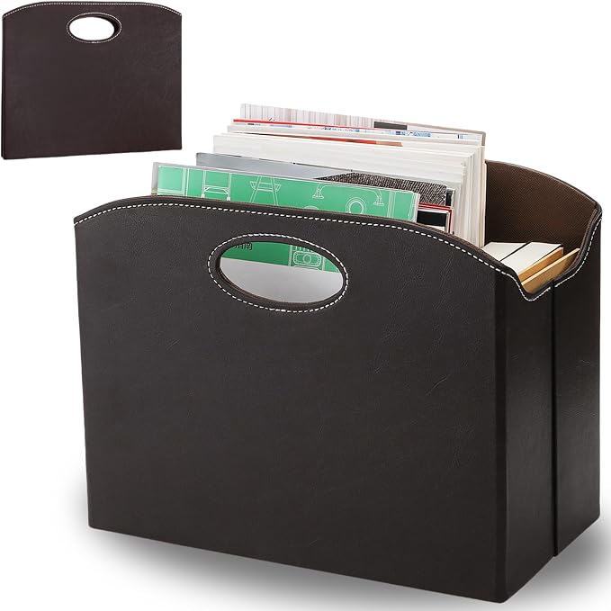 WRINGKIT Leather Magazine File Holder, Foldable Magazine Basket with Handle | Stable Brown Magazines Rack Floor, Document File Folder Organizer Box, Books Newspaper Storage Bin for Office Home School