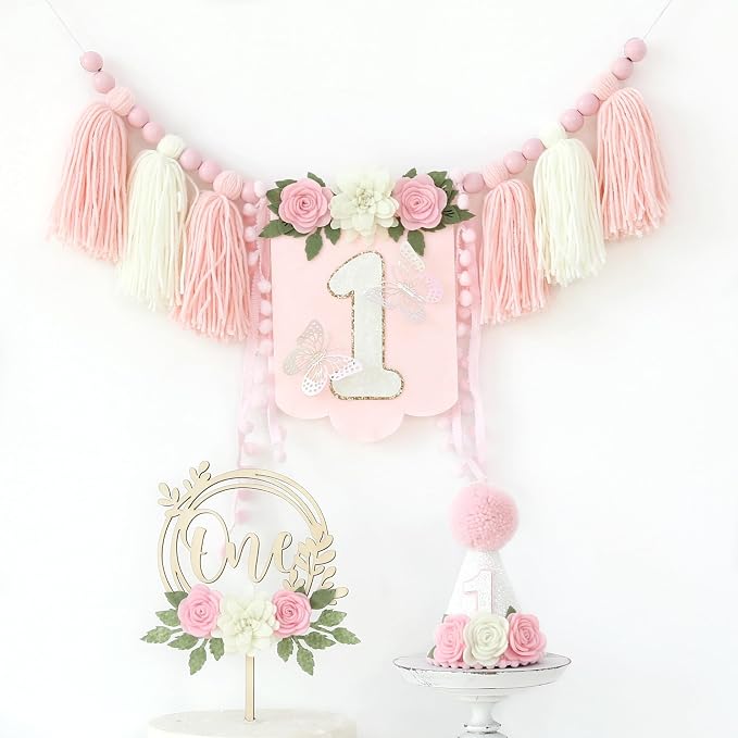JUIIZAY Pink Flower First Birthday Party Decorations for Girl Butterfly Highchair Banner Hat One Floarl Cake Topper 1st Party Decor