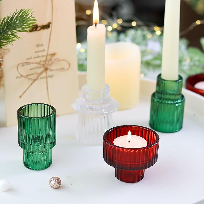 Christmas Class Candlestick Holders 6PCS Red Green Ribbed Taper Candlestick Holders for Tealight Candles Christmas Table Centerpieces Indoor Decoration