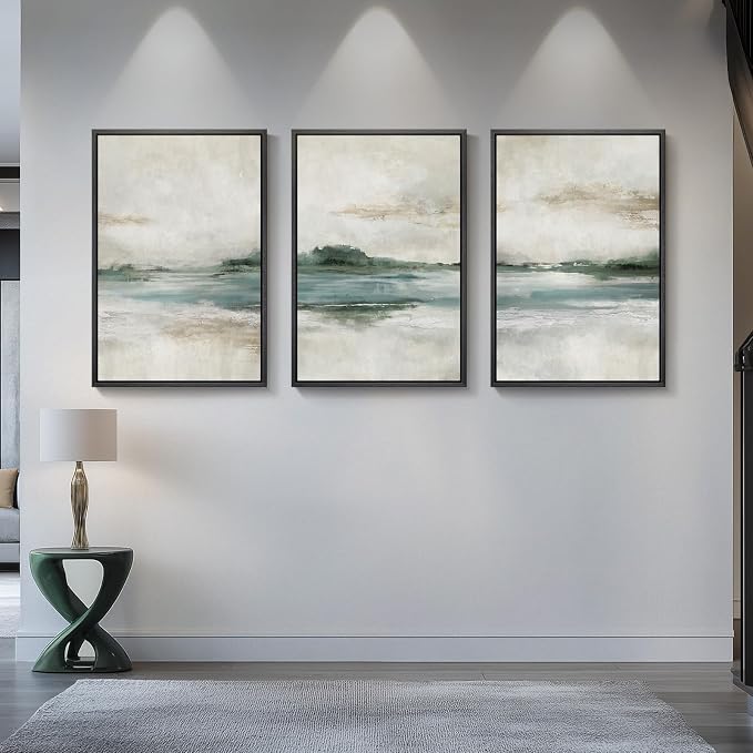 Large Framed Blue Green Abstract Landscape Wall Art, 3 Piece Set, 20x30 In | Soft nature lake picture, Canvas prints, Modern artwork for walls, Wall decor for living room dining room bedroom home office