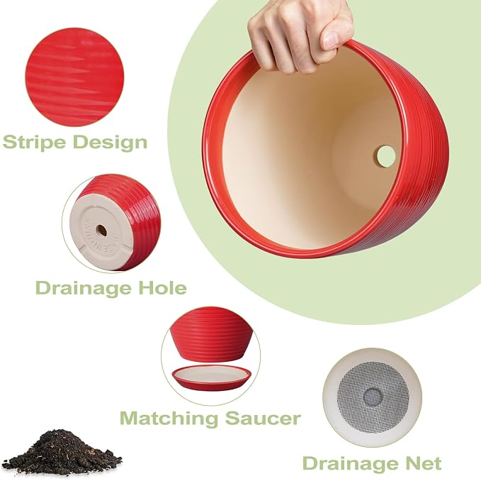 6 Inch Ceramic Plant Pot - Ceramic Pots for Plants, Round Planter with Drainage Hole and Saucer, Modern Flower Pots for Indoor Plants, Desk Home Office Decor, Plant Lover Gifts, Glossy Red
