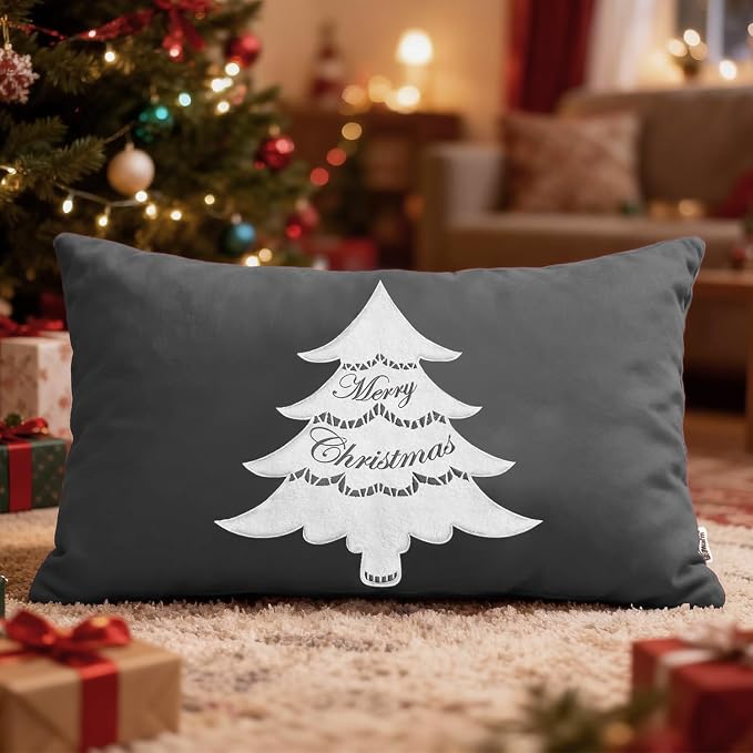 BRAWARM Christmas Pillow Cover 12 X 20 Inches, Gray Christmas Tree Embroidered Lumbar Pillow Cover, Soft Velvet Decorative Throw Pillow for Couch Bed Sofa Living Room Home